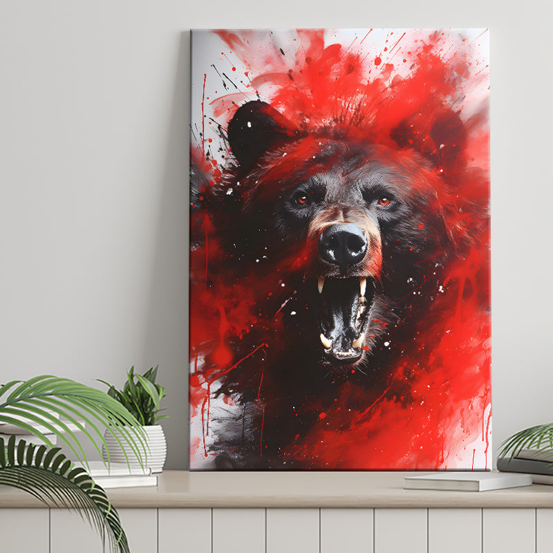 Bear Portrait Red And Black Canvas Prints Wall Art Home Decor, Painting Canvas, Living Room Wall Decor