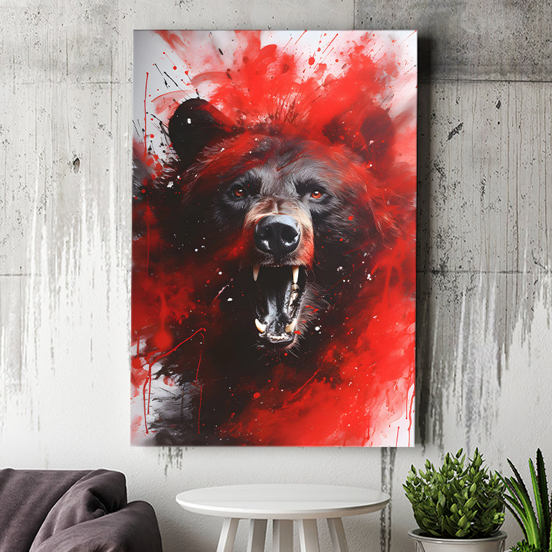 Bear Portrait Red And Black Canvas Prints Wall Art Home Decor, Painting Canvas, Living Room Wall Decor
