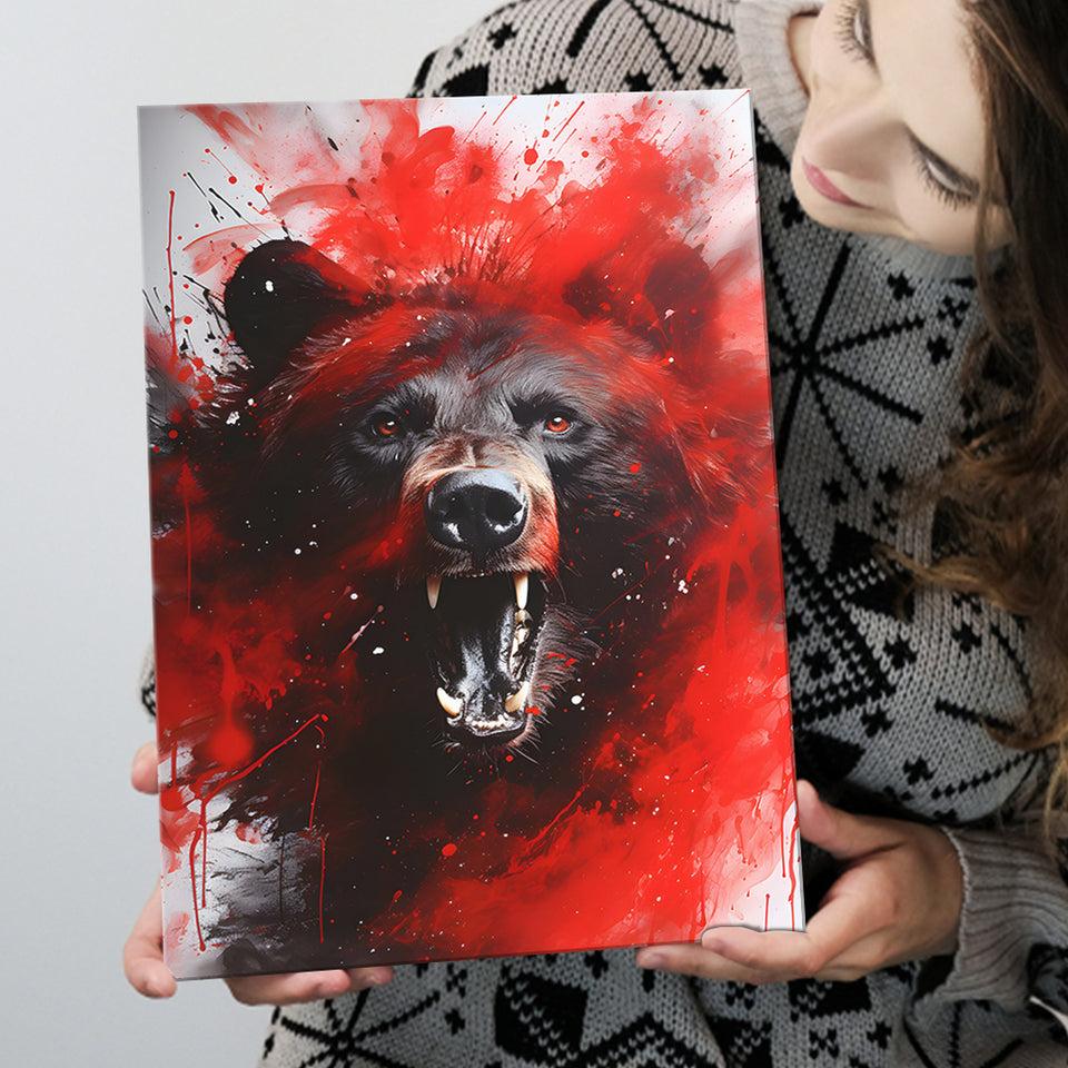 Bear Portrait Red And Black Canvas Prints Wall Art Home Decor, Painting Canvas, Living Room Wall Decor
