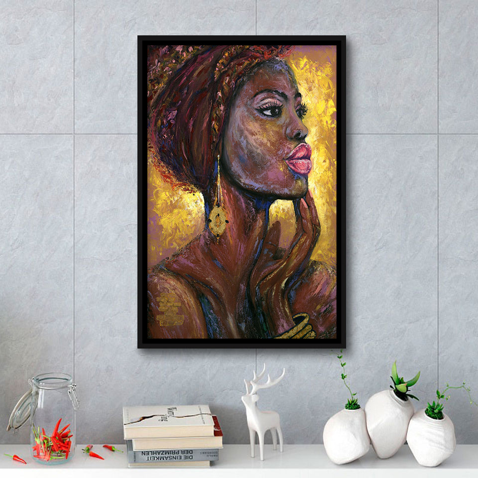 Beautiful African Woman Portrait Oil Painting Framed Canvas Prints Wall Art Home Decor, Floating Frame
