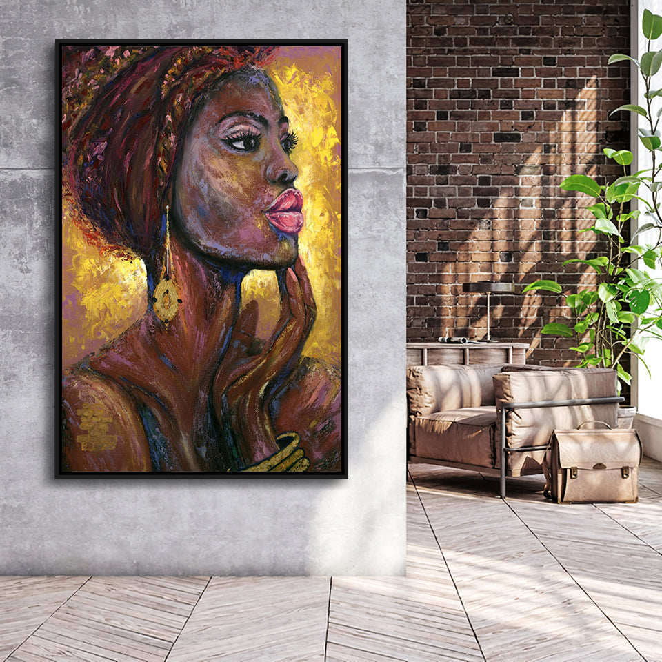 Beautiful African Woman Portrait Oil Painting Framed Canvas Prints Wall Art Home Decor, Floating Frame