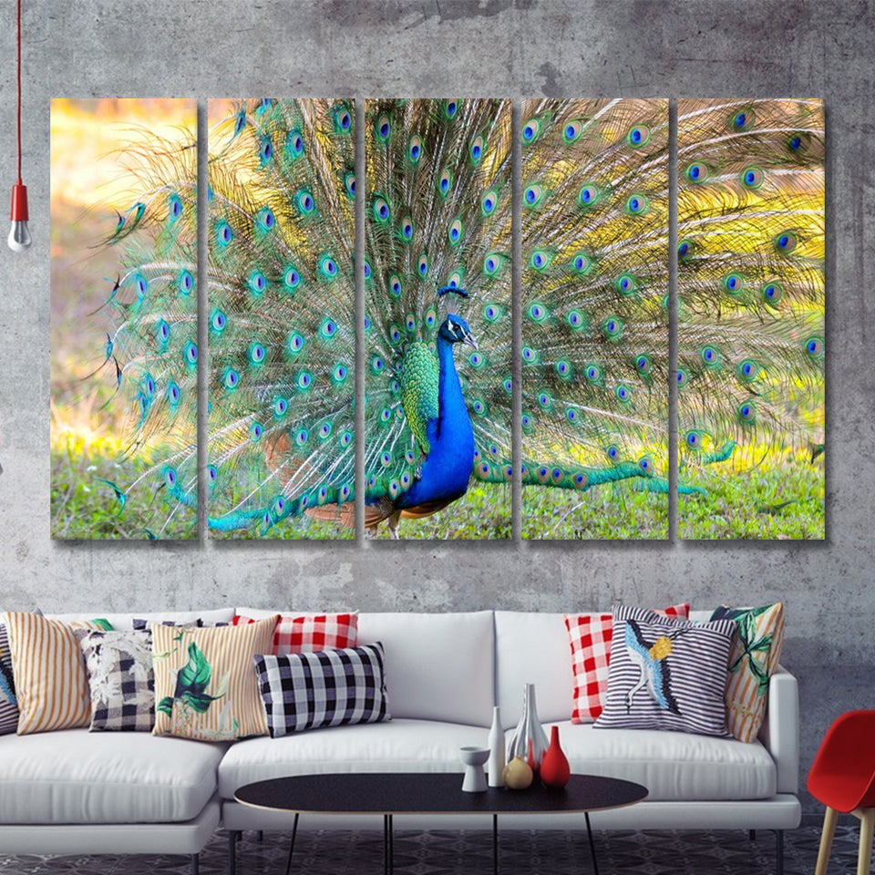Beautiful Blue Green Peacock 5 Pieces B Canvas Prints Wall Art - Painting Canvas, Multi Panels,5 Panel, Wall Decor