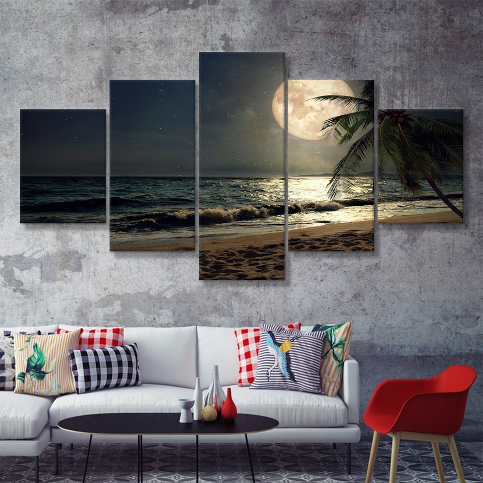 Beautiful Fantasy Tropical Beach Scenery With Milky Way 5 Pieces Canvas Prints Wall Art - Painting Canvas, Multi Panels, Wall Decor
