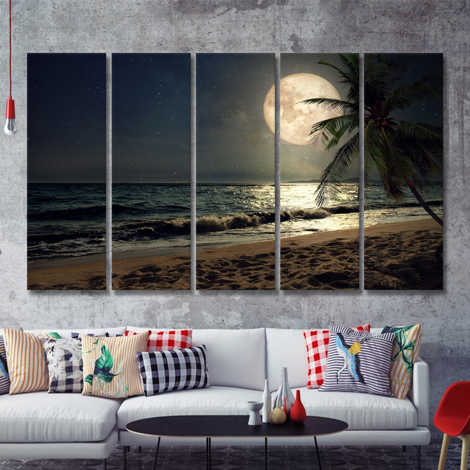 Beautiful Fantasy Tropical Beach Scenery With Milky Way 5 Pieces Canvas Prints Wall Art - Painting Canvas, Multi Panels, Wall Decor