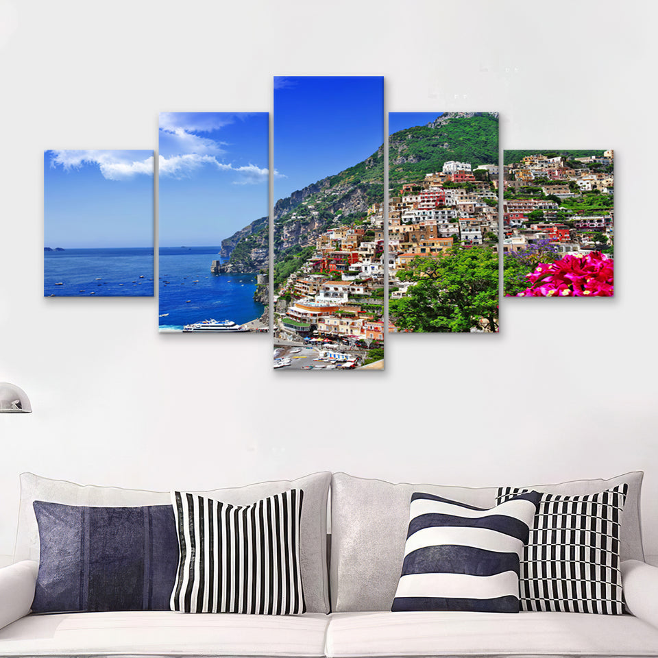 Beautiful Italian coast   Positano 5 Pieces Canvas Prints Wall Art - Painting Canvas, Multi Panels, Wall Decor