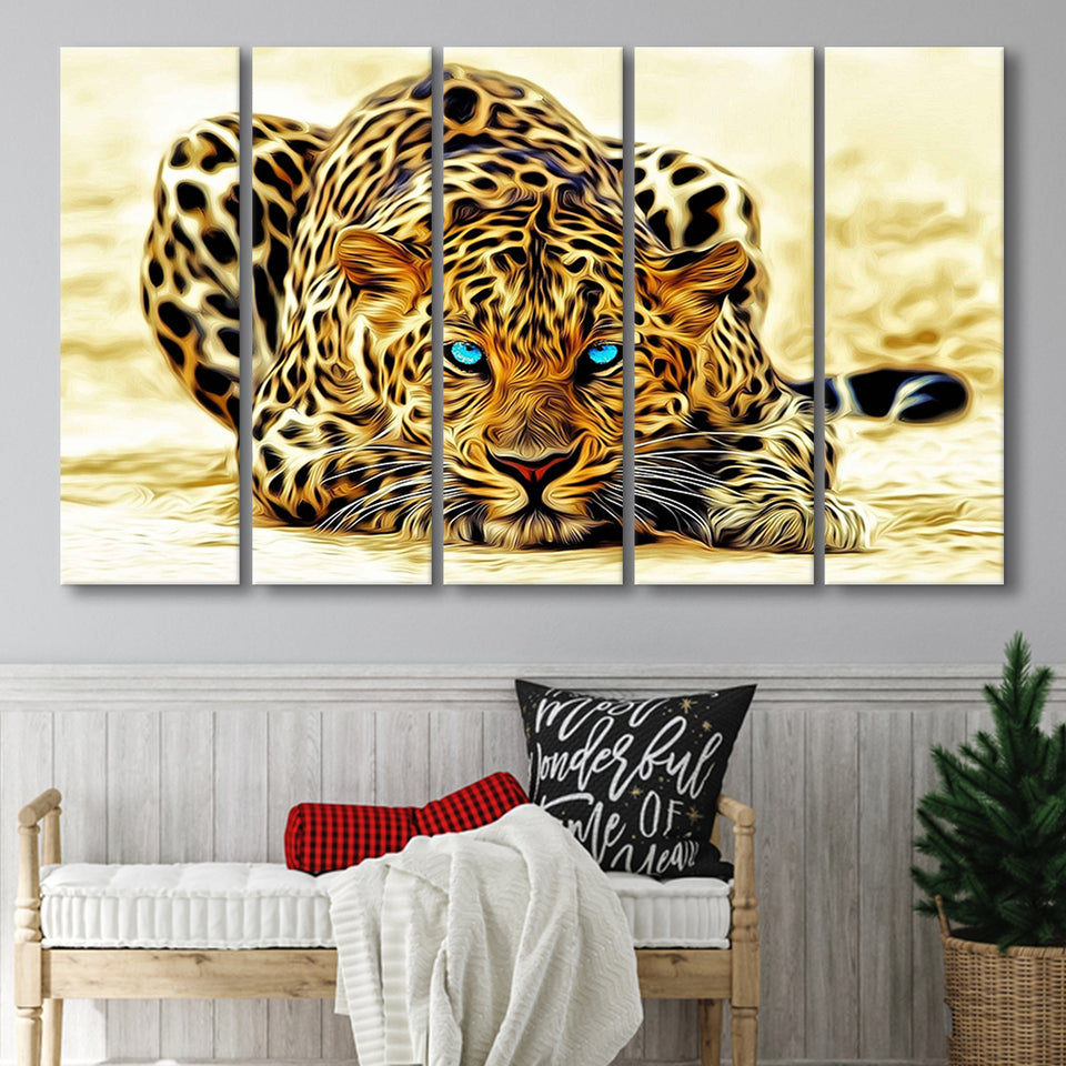 Beautiful Leopard With Blue Eyes, 5 Panel B Canvas Prints Wall Art, Extra Large Canvas Decor