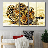 Beautiful Leopard With Blue Eyes, 5 Panel B Canvas Prints Wall Art, Extra Large Canvas Decor