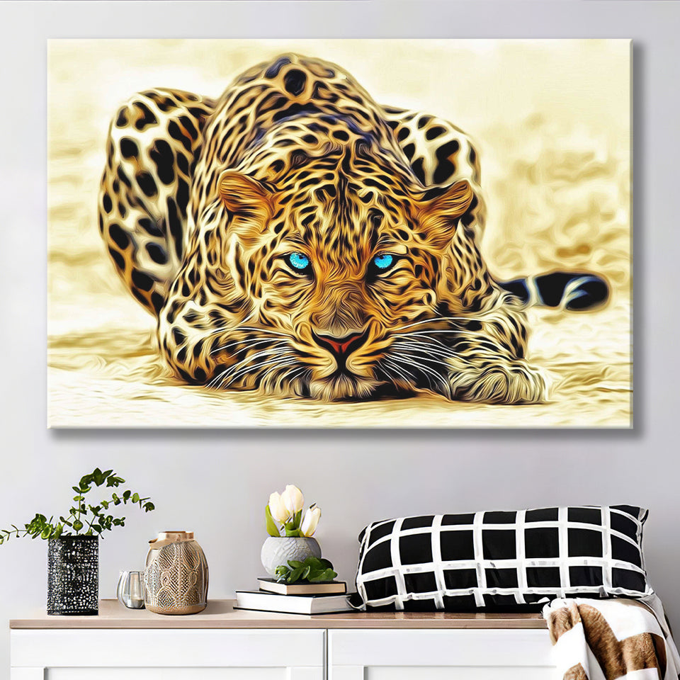 Beautiful Leopard With Blue Eyes Canvas Prints Wall Art, Home Living Room Decor, Large Canvas