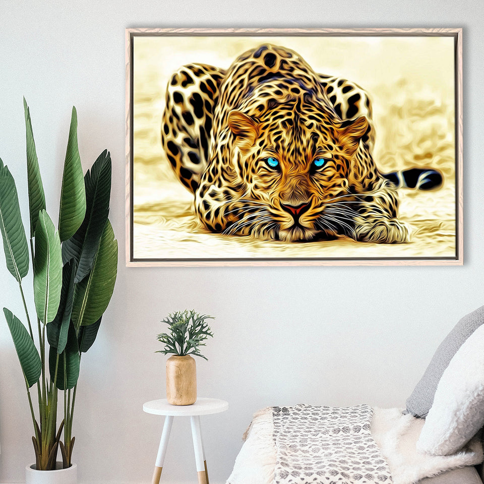 Beautiful Leopard With Blue Eyes Framed Canvas Prints Wall Art, Floating Frame, Large Canvas Home Decor
