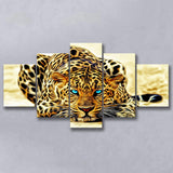 Beautiful Leopard With Blue Eyes, 5 Panel Canvas Prints Wall Art,Mixed Canvas, Large Canvas