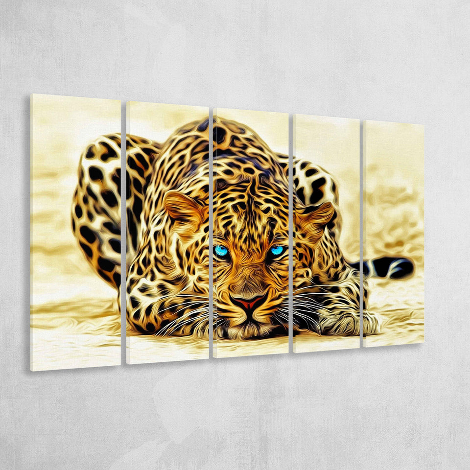 Beautiful Leopard With Blue Eyes, 5 Panel B Canvas Prints Wall Art, Extra Large Canvas Decor