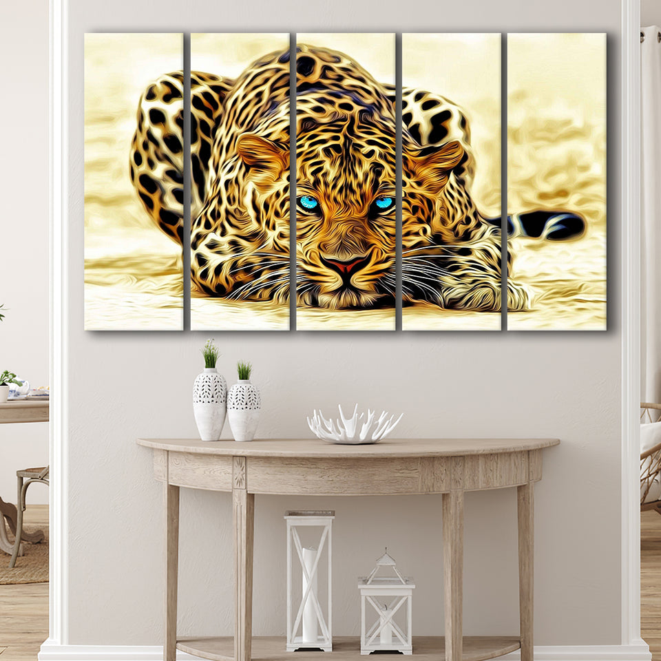 Beautiful Leopard With Blue Eyes, 5 Panel B Canvas Prints Wall Art, Extra Large Canvas Decor