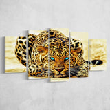 Beautiful Leopard With Blue Eyes, 5 Panel Canvas Prints Wall Art,Mixed Canvas, Large Canvas