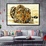 Beautiful Leopard With Blue Eyes Framed Canvas Prints Wall Art, Floating Frame, Large Canvas Home Decor