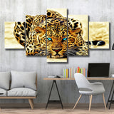 Beautiful Leopard With Blue Eyes, 5 Panel Canvas Prints Wall Art,Mixed Canvas, Large Canvas