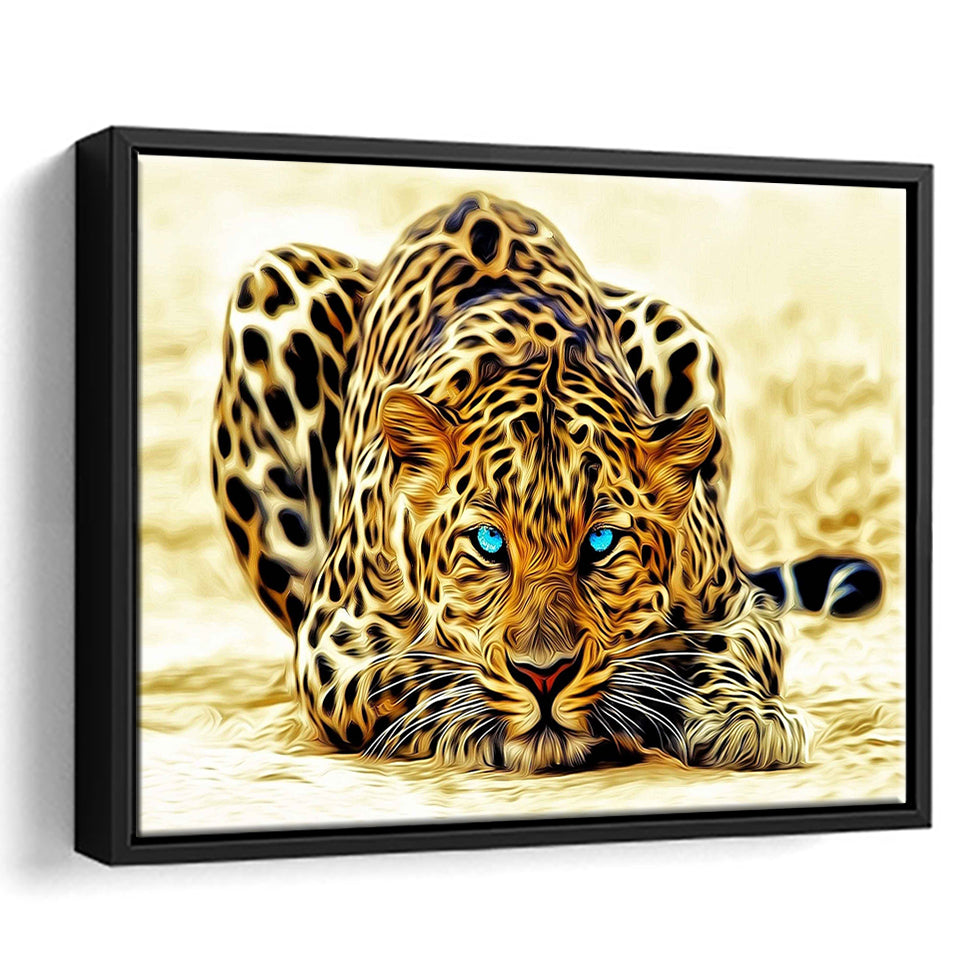 Beautiful Leopard With Blue Eyes Framed Canvas Prints Wall Art, Floating Frame, Large Canvas Home Decor