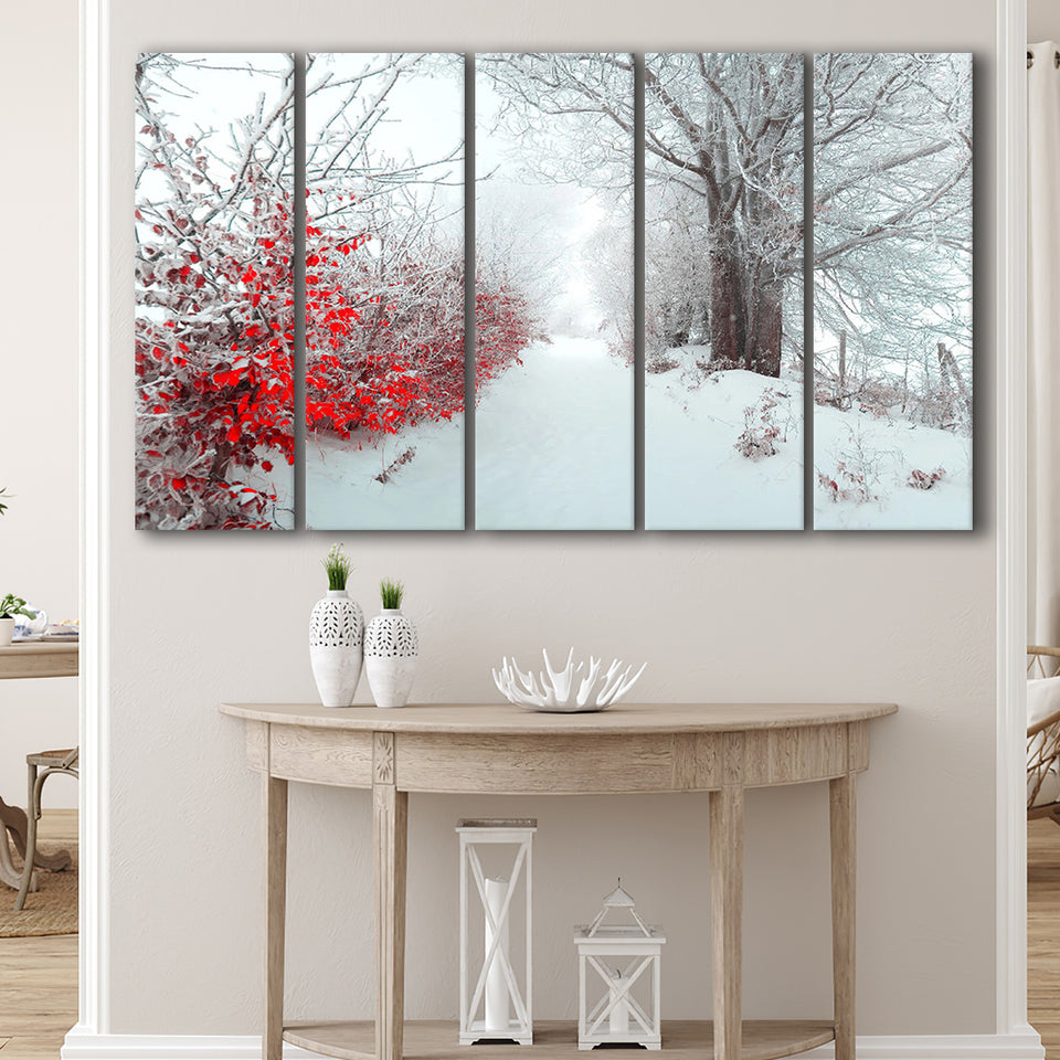 Beautiful Winter Wonderland Snowy Nature 5 Piece B Canvas Prints Wall Art, Multi Panels,Large Canvas