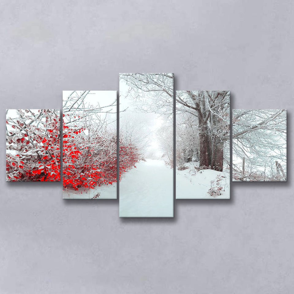 Beautiful Winter Wonderland Snowy Nature 5 Piece Canvas Prints Wall Art Decor, Multi Panels, Mixed Canvas
