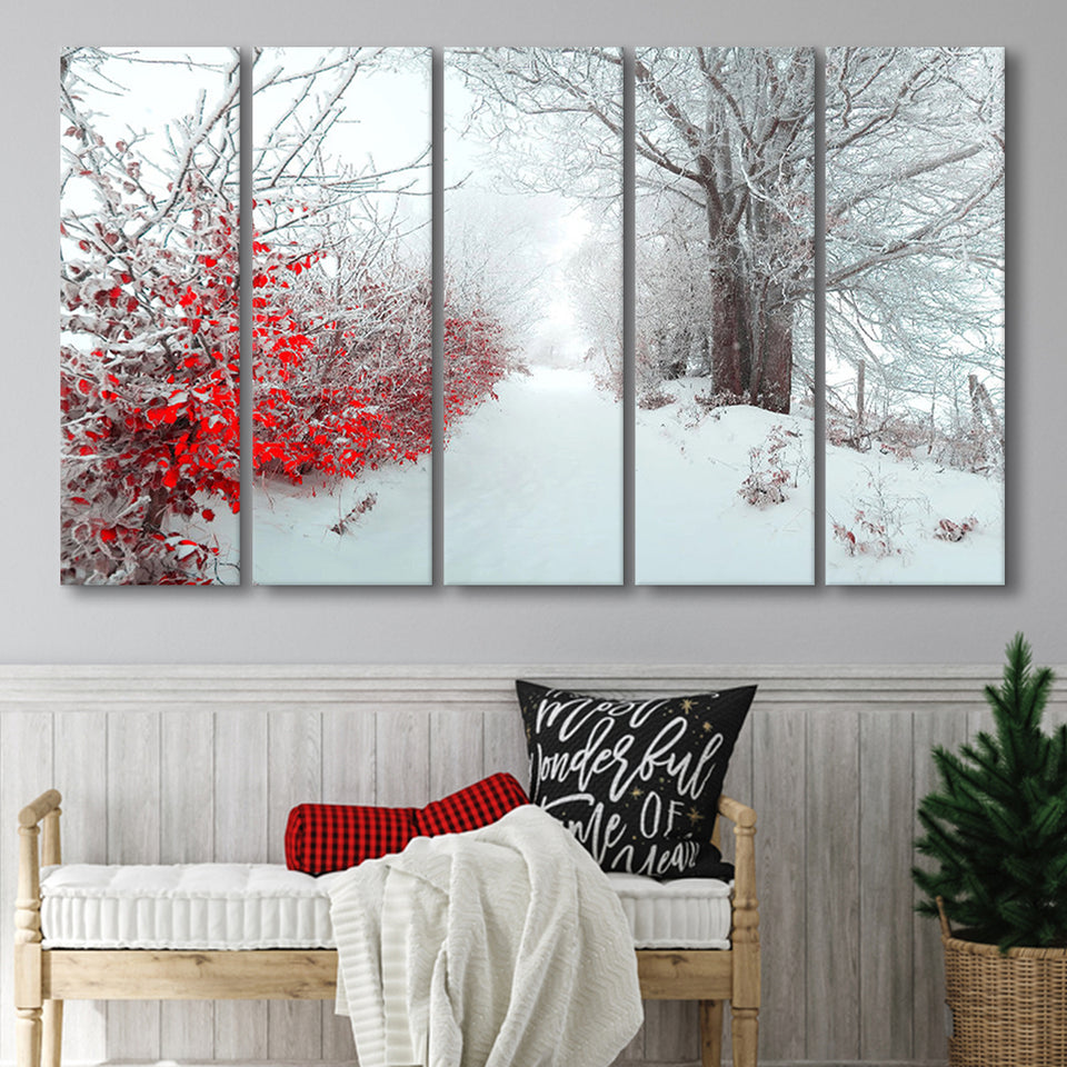 Beautiful Winter Wonderland Snowy Nature 5 Piece B Canvas Prints Wall Art, Multi Panels,Large Canvas