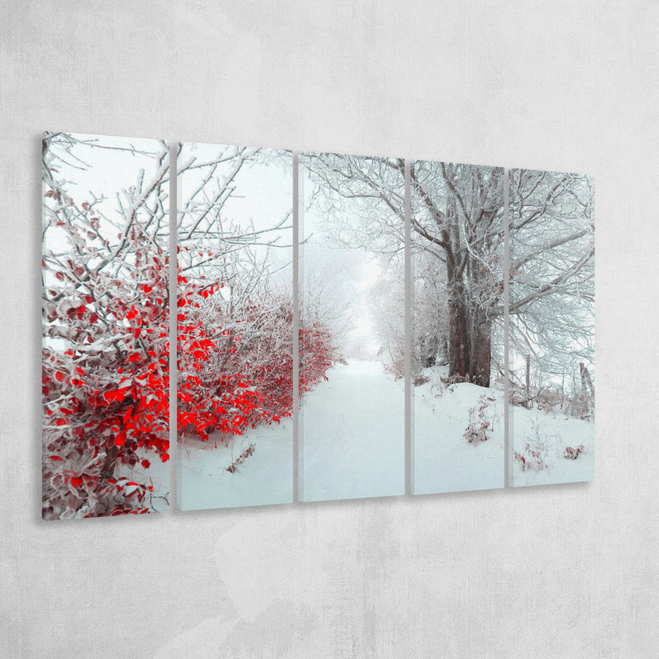Beautiful Winter Wonderland Snowy Nature 5 Piece B Canvas Prints Wall Art, Multi Panels,Large Canvas