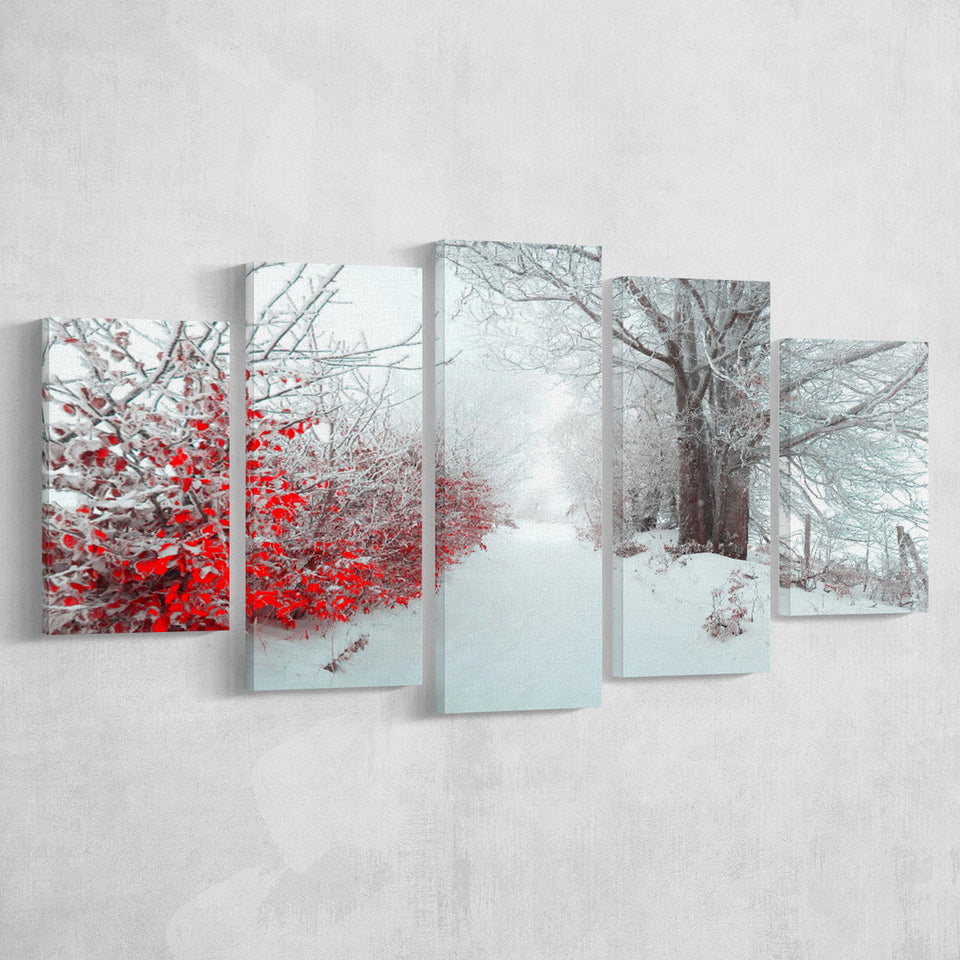 Beautiful Winter Wonderland Snowy Nature 5 Piece Canvas Prints Wall Art Decor, Multi Panels, Mixed Canvas