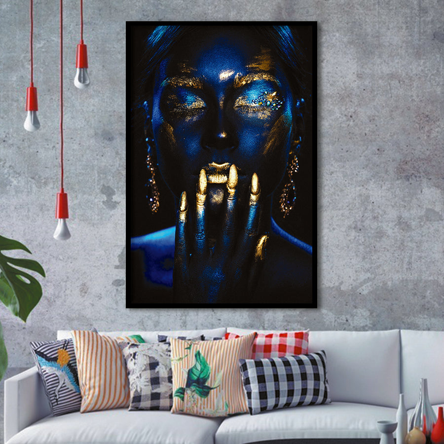 Beautiful Woman Navy Blue And Yellow Ethnic Girl, Framed Art Prints Wall Art Home Decor, Ready to Hang