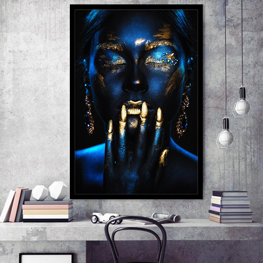 Beautiful Woman Navy Blue And Yellow Ethnic Girl, Framed Art Prints Wall Art Home Decor, Ready to Hang