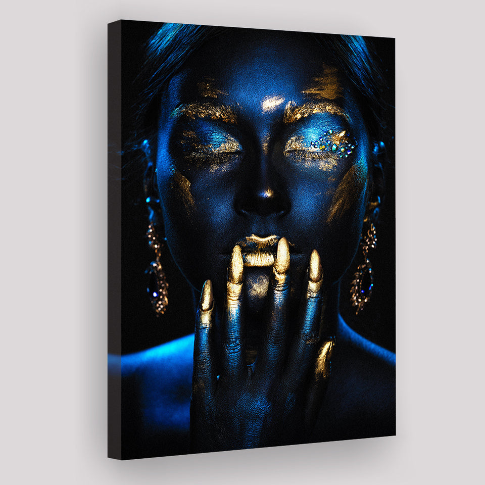 Beautiful Woman Navy Blue And Yellow Ethnic Girl, Canvas Prints Wall Art Home Decor, Ready to Hang