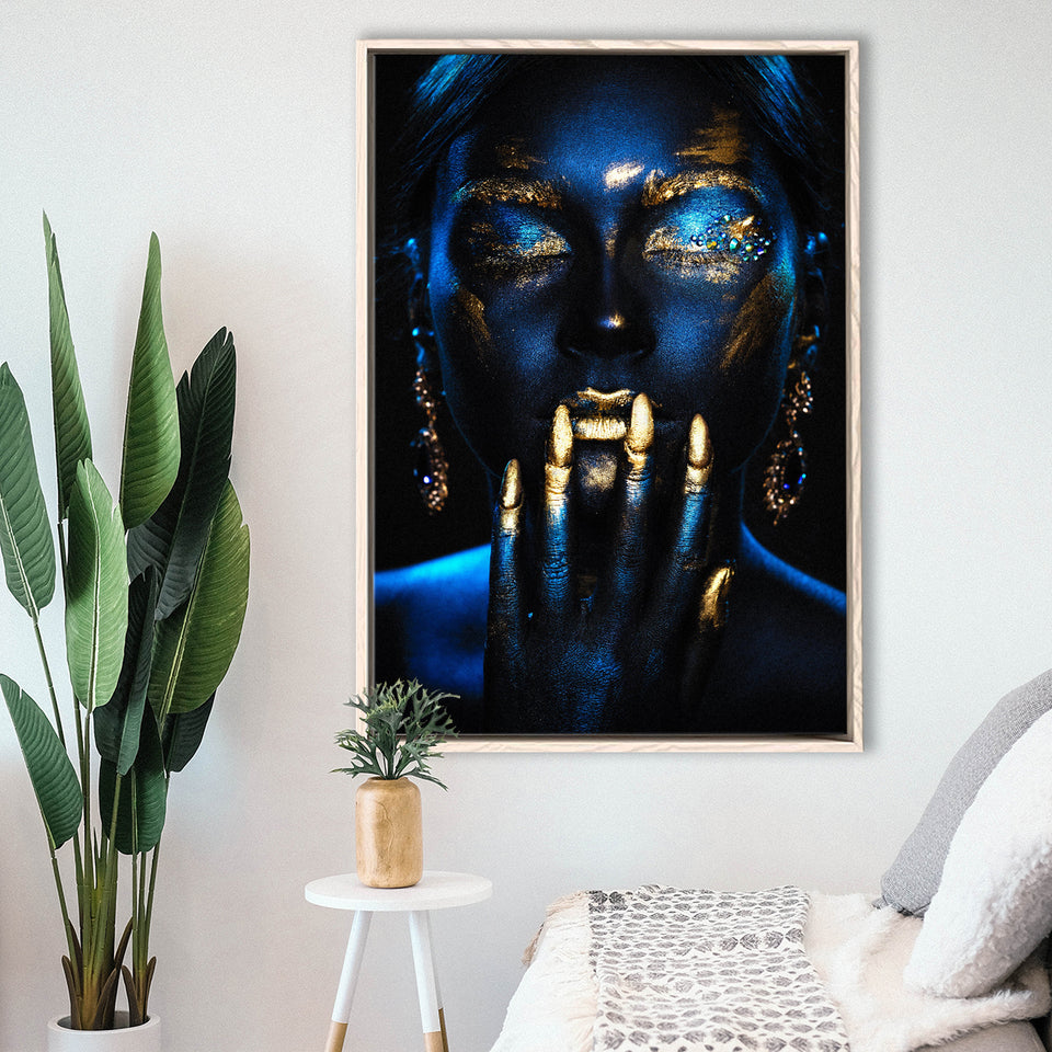 Beautiful Woman Navy Blue And Yellow Ethnic Girl, Framed Canvas Prints Wall Art Home Decor,Floating Frame, Ready to Hang