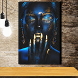 Beautiful Woman Navy Blue And Yellow Ethnic Girl, Canvas Prints Wall Art Home Decor, Ready to Hang