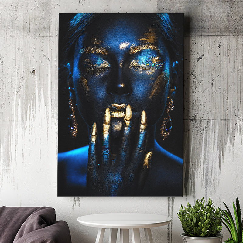 Beautiful Woman Navy Blue And Yellow Ethnic Girl, Canvas Prints Wall Art Home Decor, Ready to Hang