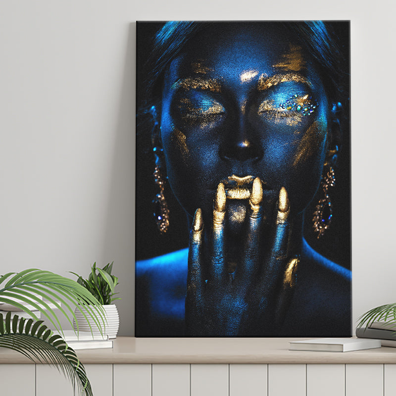 Beautiful Woman Navy Blue And Yellow Ethnic Girl, Canvas Prints Wall Art Home Decor, Ready to Hang