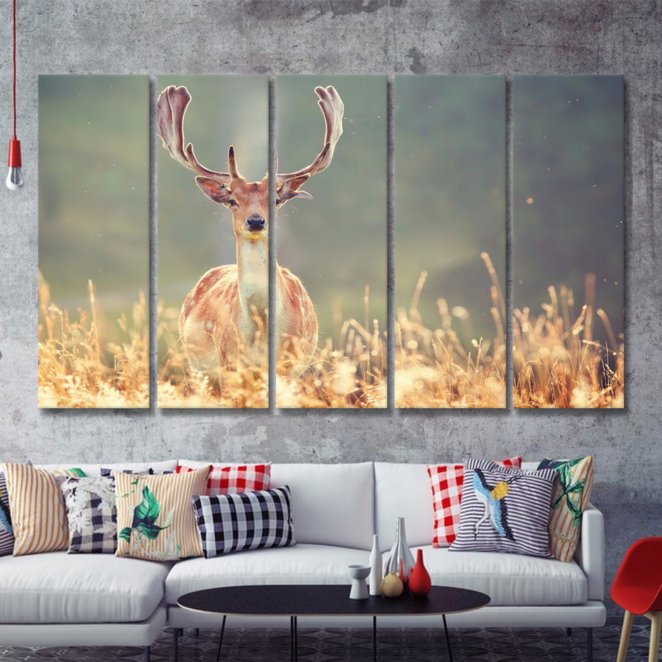 Beautiful Deer In Field 5 Pieces B Canvas Prints Wall Art - Painting Canvas,Wall Decor, Multi Panel,5 Panels