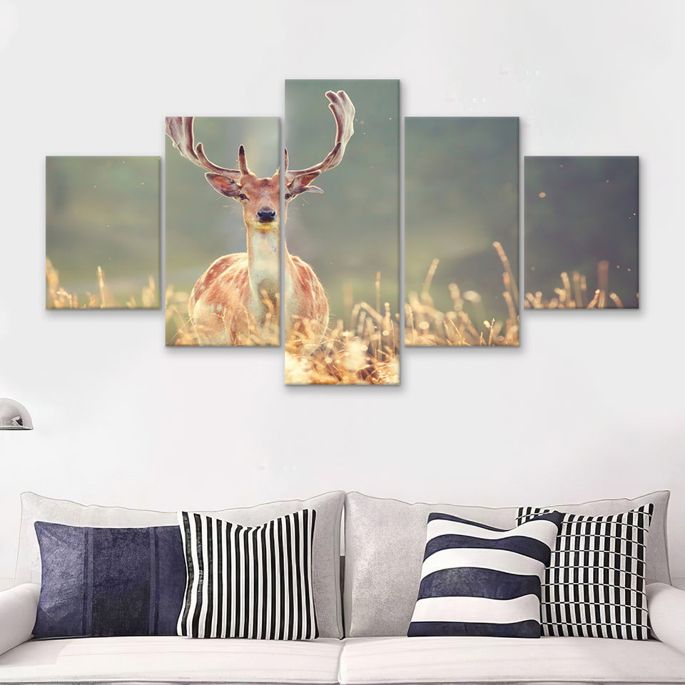 Beautiful Deer In Field 5 Pieces Canvas Prints Wall Art - Painting Canvas,Wall Decor, Multi Panel,5 Panels