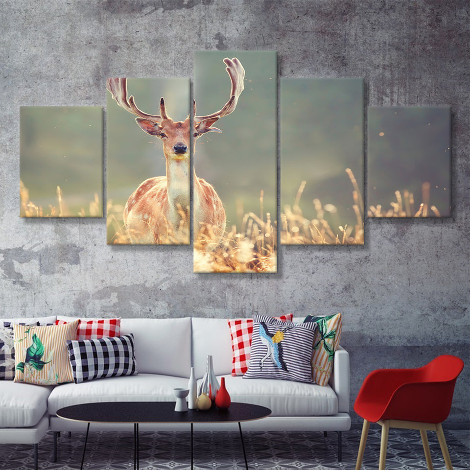 Beautiful Deer In Field 5 Pieces Canvas Prints Wall Art - Painting Canvas,Wall Decor, Multi Panel,5 Panels