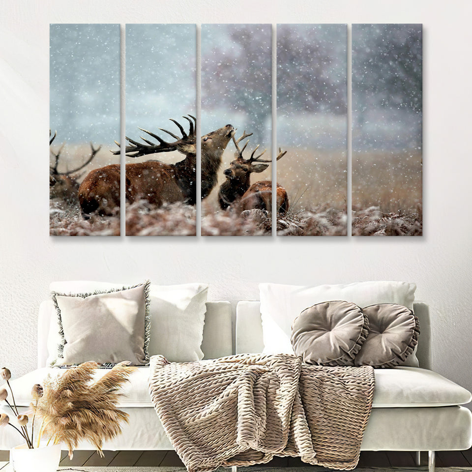 Beautiful Deer In The Snow 5 Pieces B Canvas Prints Wall Art - Painting Canvas,Wall Decor, Multi Panel,5 Panels