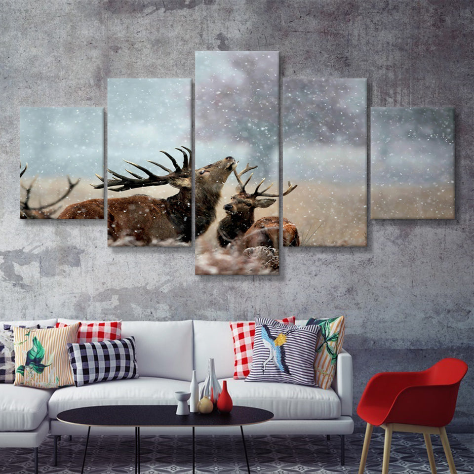 Beautiful Deer In The Snow 5 Pieces Canvas Prints Wall Art - Painting Canvas,Wall Decor, Multi Panel,5 Panels