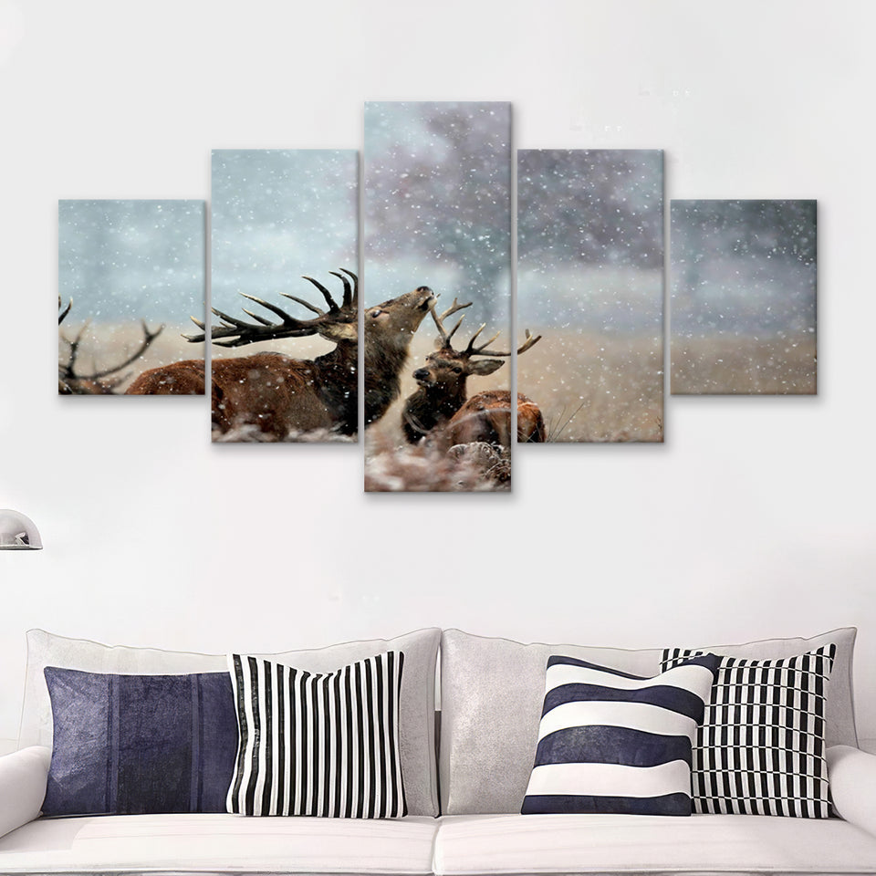 Beautiful Deer In The Snow 5 Pieces Canvas Prints Wall Art - Painting Canvas,Wall Decor, Multi Panel,5 Panels