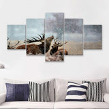 Beautiful Deer In The Snow 5 Pieces Canvas Prints Wall Art - Painting Canvas,Wall Decor, Multi Panel,5 Panels