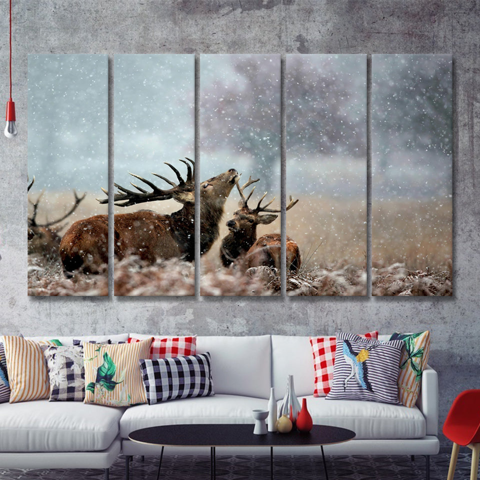 Beautiful Deer In The Snow 5 Pieces B Canvas Prints Wall Art - Painting Canvas,Wall Decor, Multi Panel,5 Panels