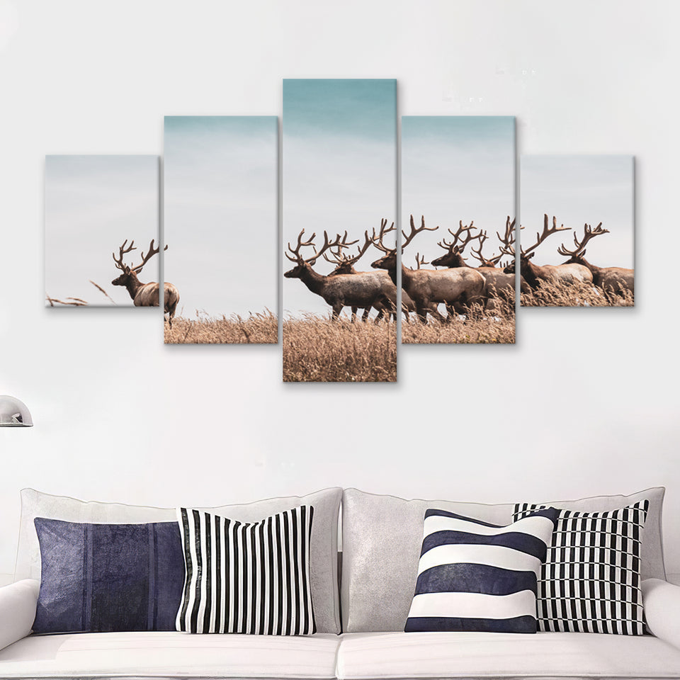 Beautiful Herd Of Deer In The Meadow 5 Pieces Canvas Prints Wall Art - Painting Canvas,Wall Decor, Multi Panel,5 Panels