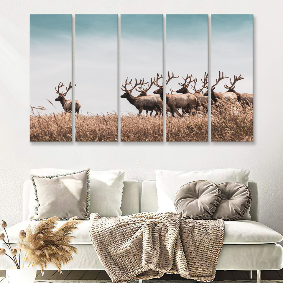 Beautiful Herd Of Deer In The Meadow 5 Pieces B Canvas Prints Wall Art - Painting Canvas,Wall Decor, Multi Panel,5 Panels