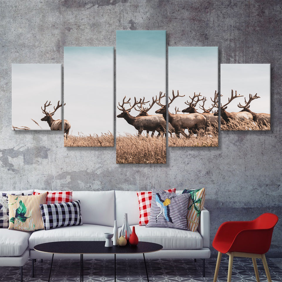 Beautiful Herd Of Deer In The Meadow 5 Pieces Canvas Prints Wall Art - Painting Canvas,Wall Decor, Multi Panel,5 Panels