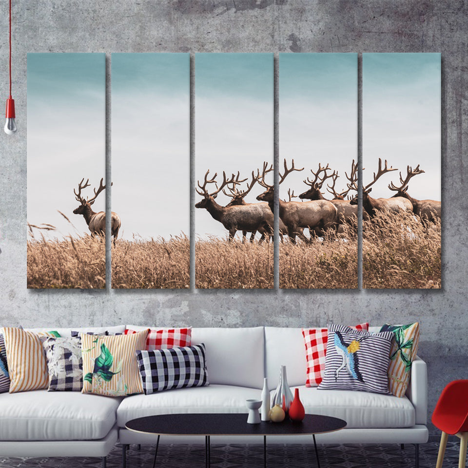 Beautiful Herd Of Deer In The Meadow 5 Pieces B Canvas Prints Wall Art - Painting Canvas,Wall Decor, Multi Panel,5 Panels