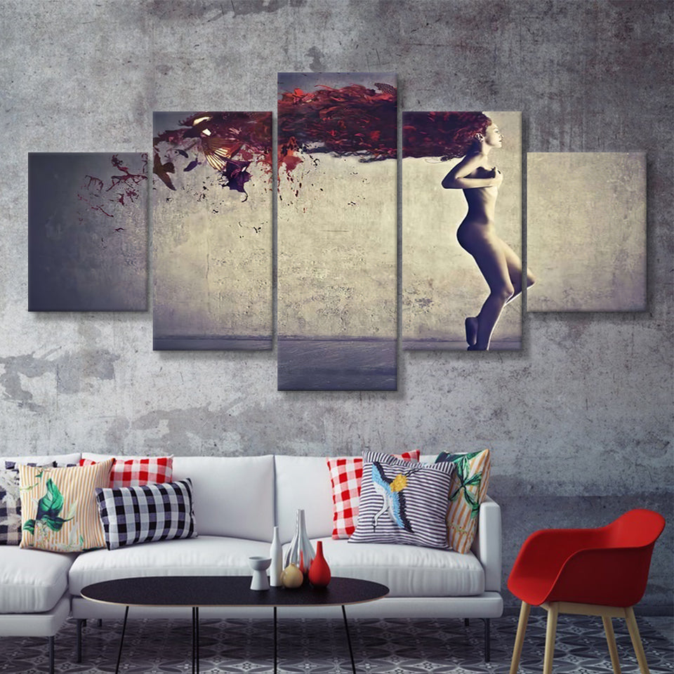 Young Woman With Her Hair Transforming In Bird Feathers 5 Pieces Canvas Prints Wall Art - Painting Canvas, Multi Panels, Wall Decor