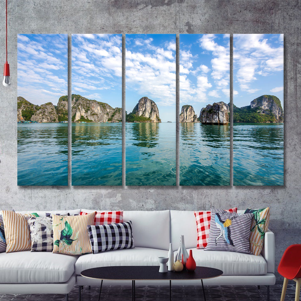 Beautiful scenery at Halong Bay North Vietnam 5 Pieces Canvas Prints Wall Art - Painting Canvas, Multi Panels, Wall Decor