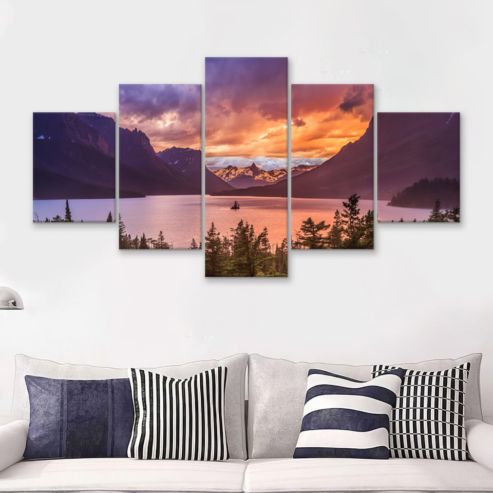 Beautiful sunset at St Mary Lake in Glacier national park 5 Pieces Canvas Prints Wall Art - Painting Canvas, Multi Panels, Wall Decor
