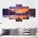 Beautiful sunset at St Mary Lake in Glacier national park 5 Pieces Canvas Prints Wall Art - Painting Canvas, Multi Panels, Wall Decor