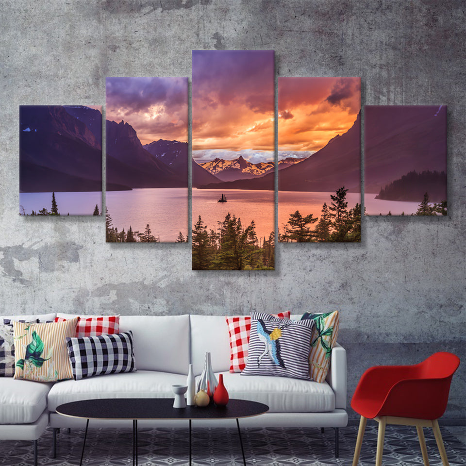 Beautiful sunset at St Mary Lake in Glacier national park 5 Pieces Canvas Prints Wall Art - Painting Canvas, Multi Panels, Wall Decor