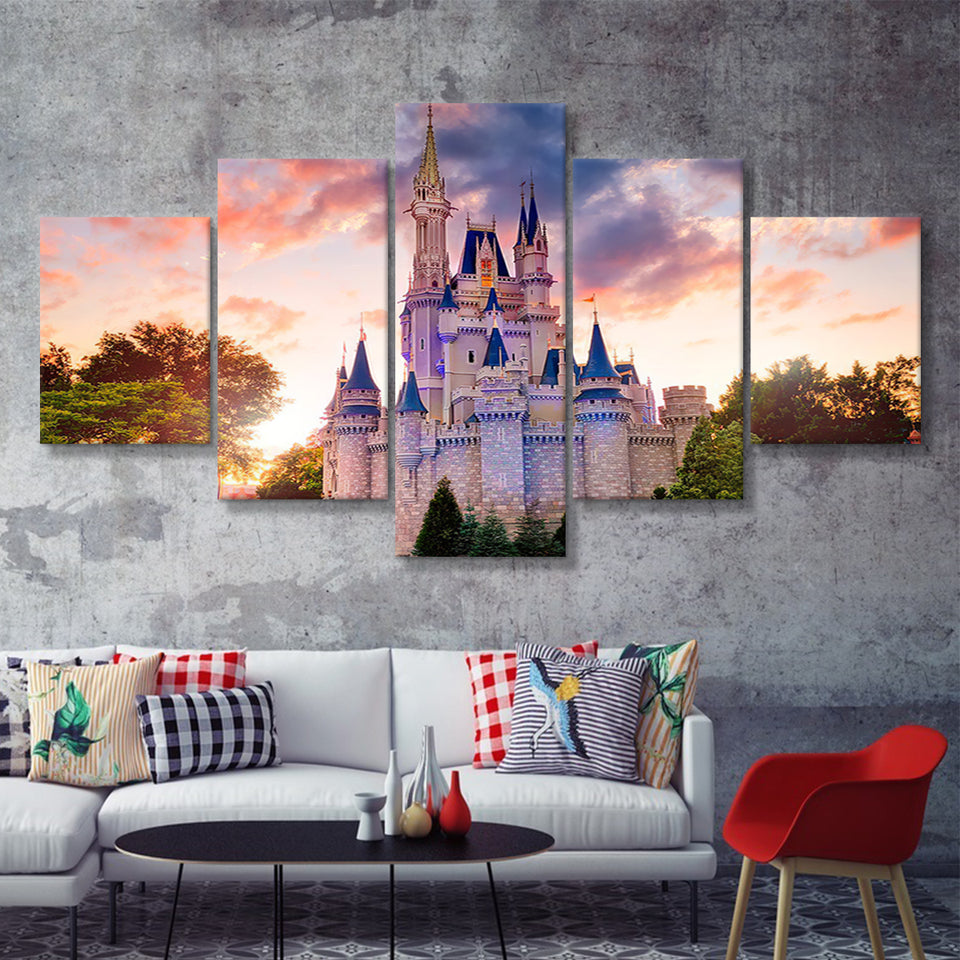Beautiful World Cinderella Castle 5 Pieces Canvas Prints Wall Art - Painting Canvas,Wall Decor, Multi Panel,5 Panels